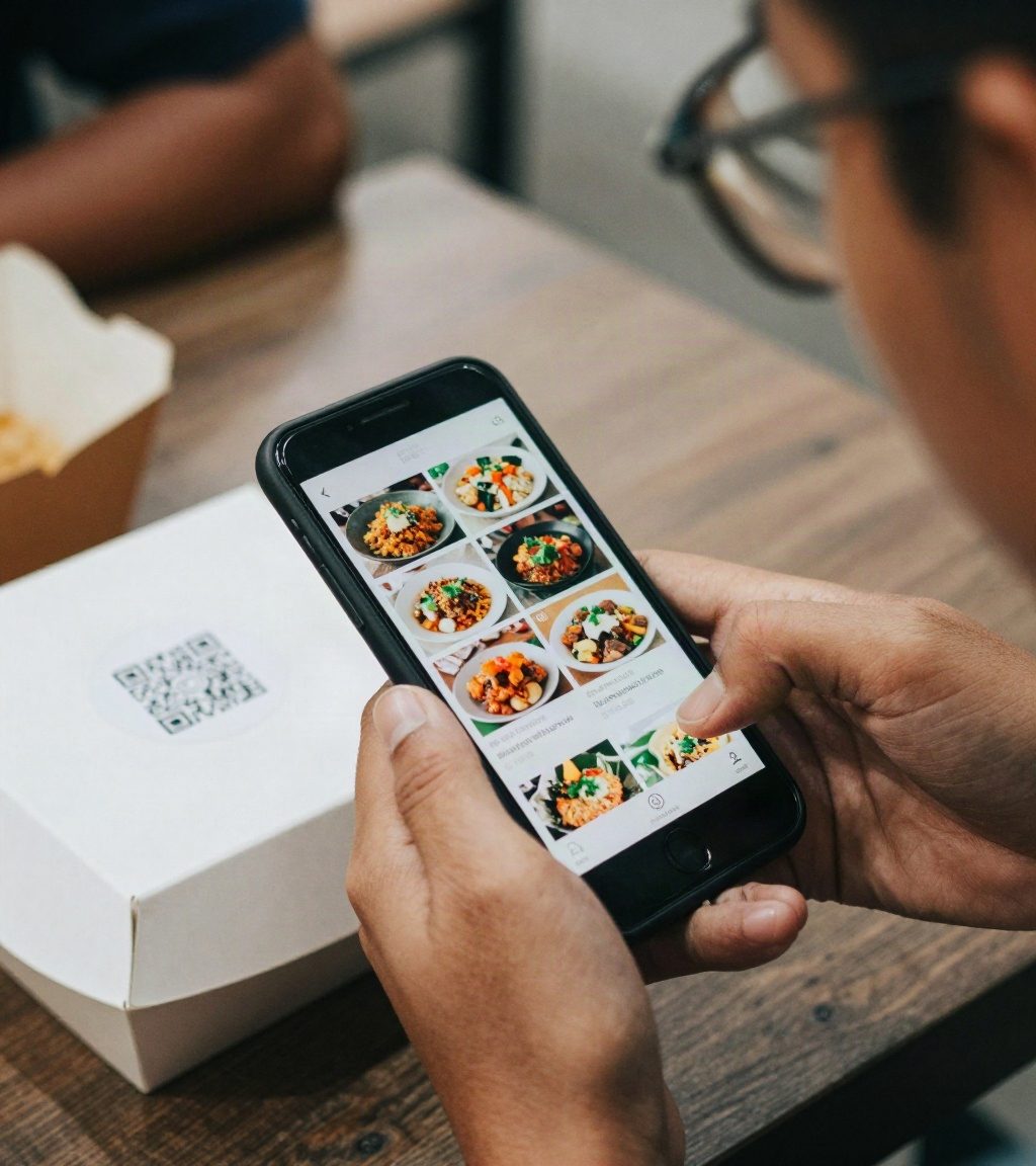 Pelanggan membuka menu dari QR di kemasan